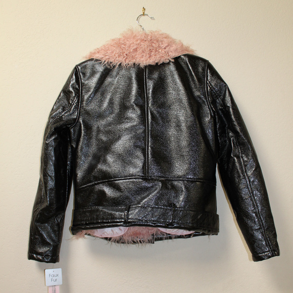 Designer ROCK CHIC Moto Jacket Pink Faux Fur Black Leather - Picture 3 of 9